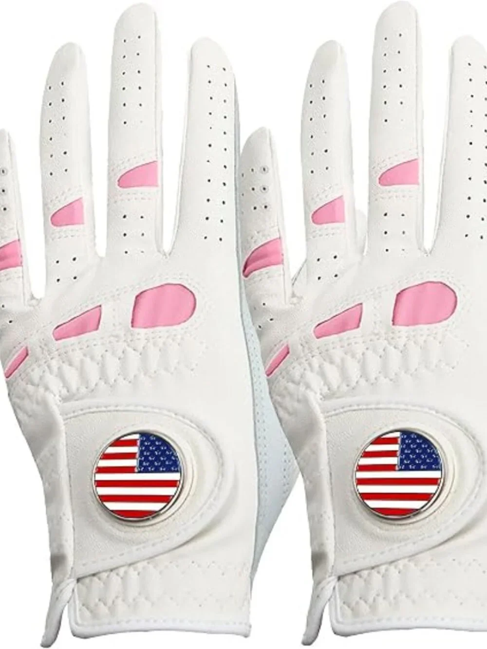 Amy Sport Women's White & Pink Leather Left Handed Golf Gloves Ball Marker 2pk-S